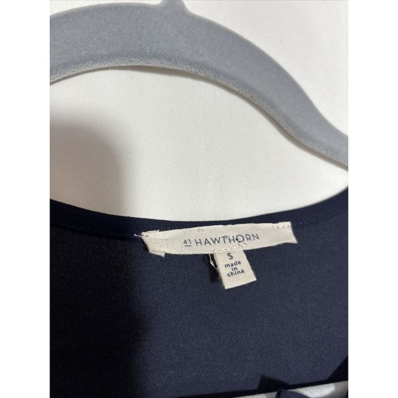 41 Hawthorn Womens Top Small Navy Blue Faux Leather Trim Roll Tab Sleeve EUC F10 - Picture 3 of 5